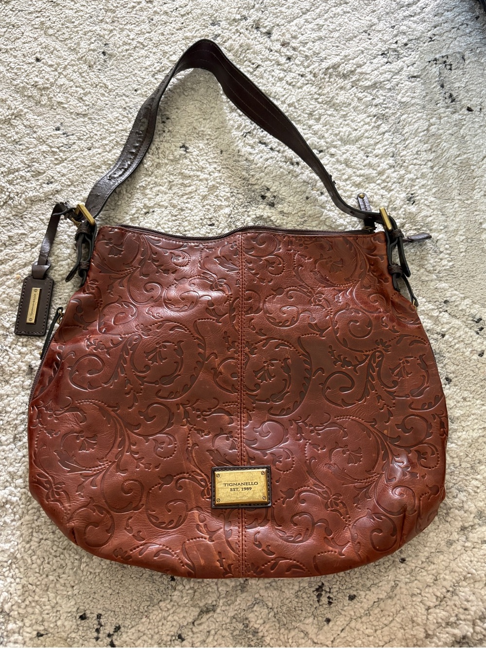 Tignanello Embossed Leather Shoulder Bag in Chestnut Brown